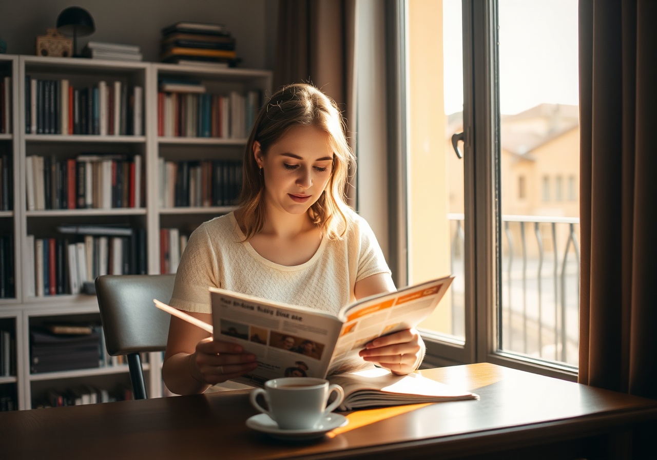 A woman sitting in a sunlit kitchen with a steaming cup of coffee and a notebook