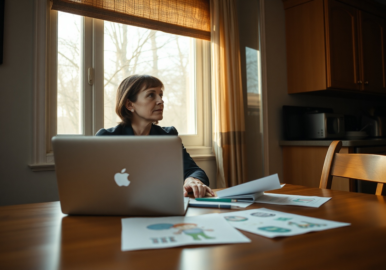 A mother working at a desk with a view of a city skyline, coffee cup nearby