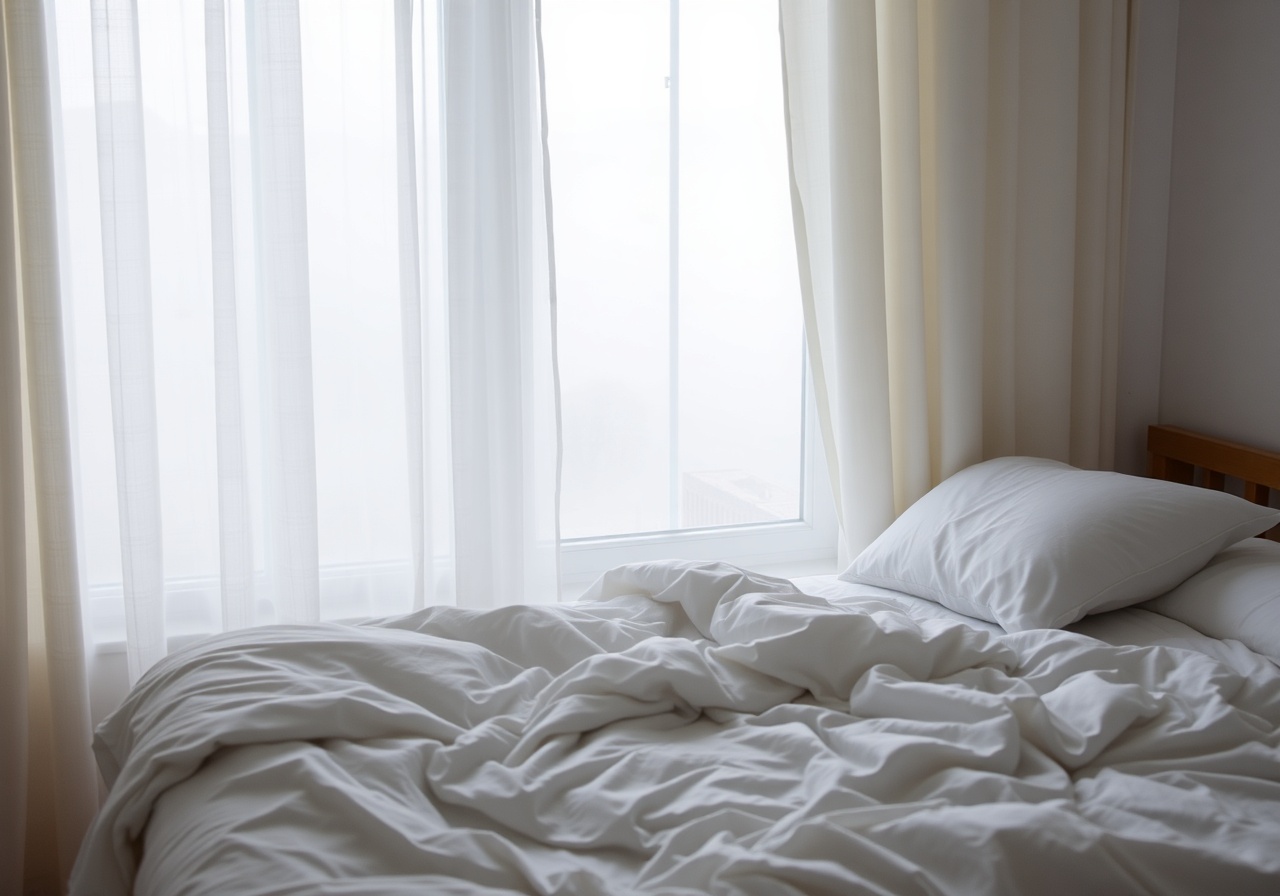 Dawn light filtering through a bedroom curtain, illuminating dust motes in a quiet room