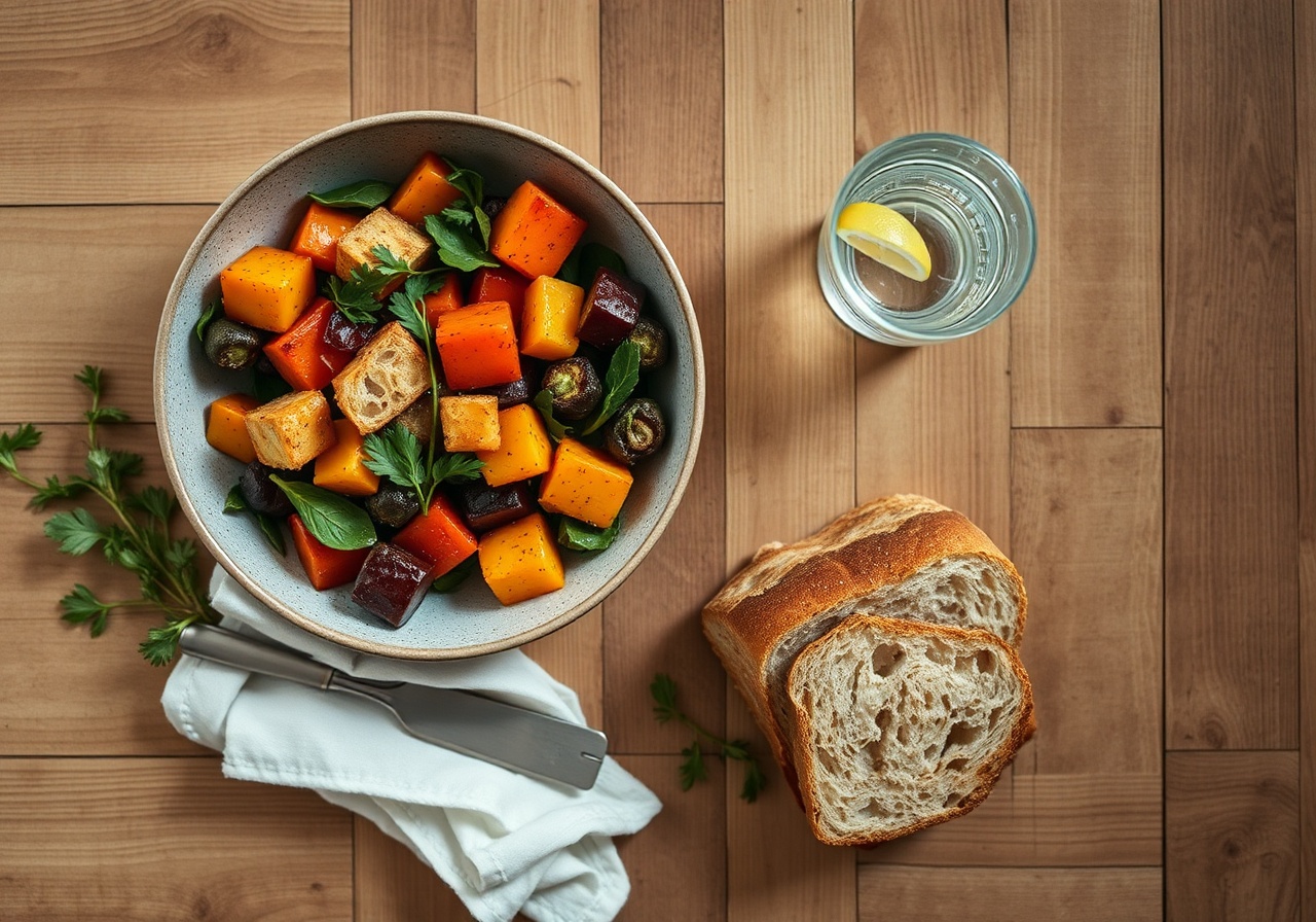 Overhead view of a rustic wooden table set with a bowl of vibrant roasted vegetables, a glass of red wine, and a ceramic vase of fresh herbs.