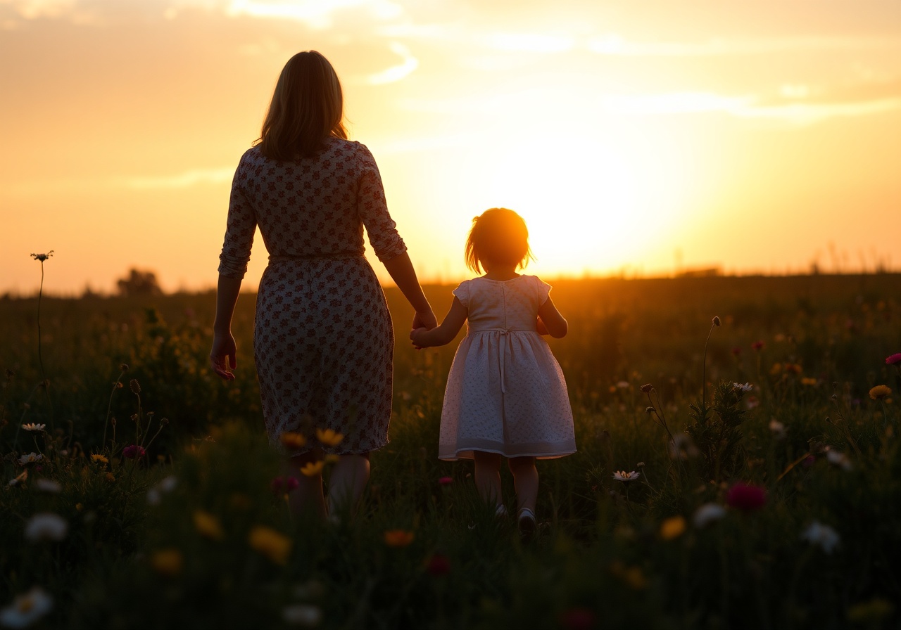 A mother and her daughter standing with their backs to the camera, silhouetted against a warm, golden hour sky
