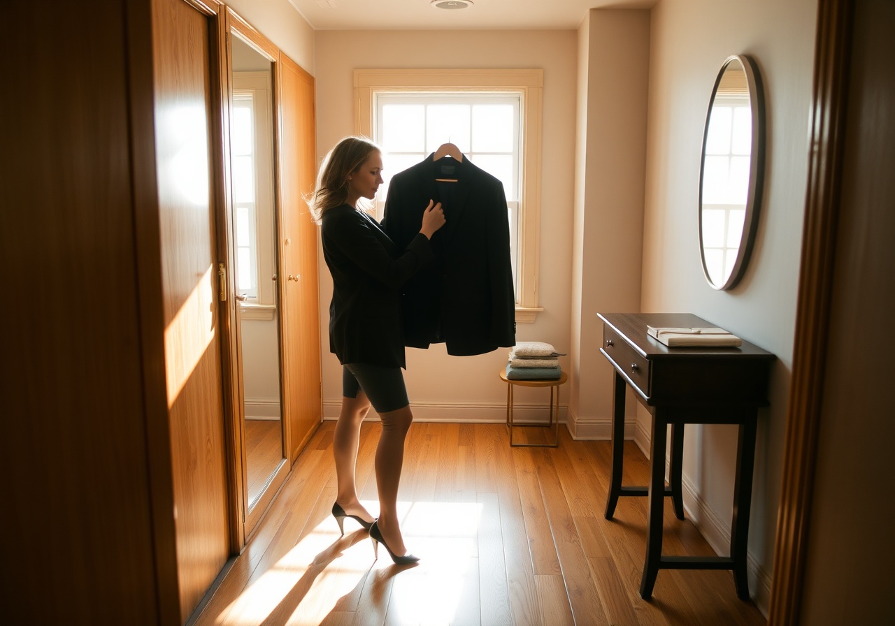 A woman in her thirties stands in a sunlit dressing room wearing a structured beige trench coat over a white silk camisole, looking thoughtfully at her reflection in a large mirror.
