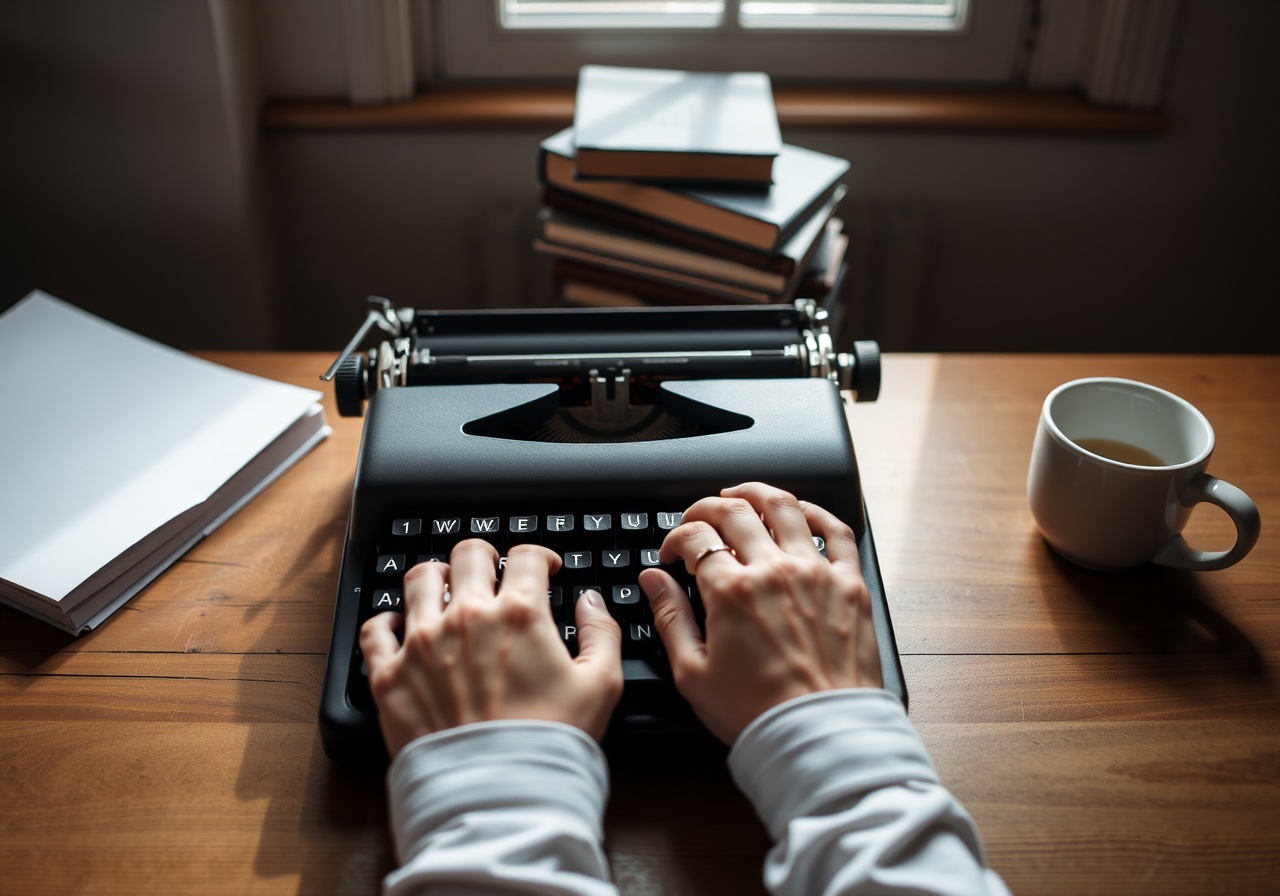 A woman writing at a desk with a warm lamp