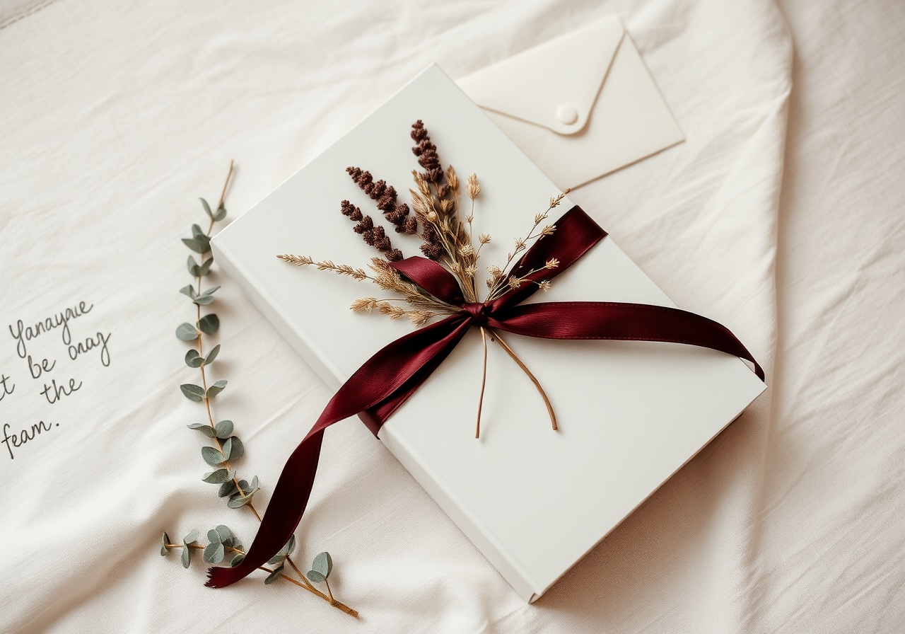 A beautifully wrapped Nexamom magazine with a deep burgundy ribbon, sitting on a linen surface next to a cup of coffee