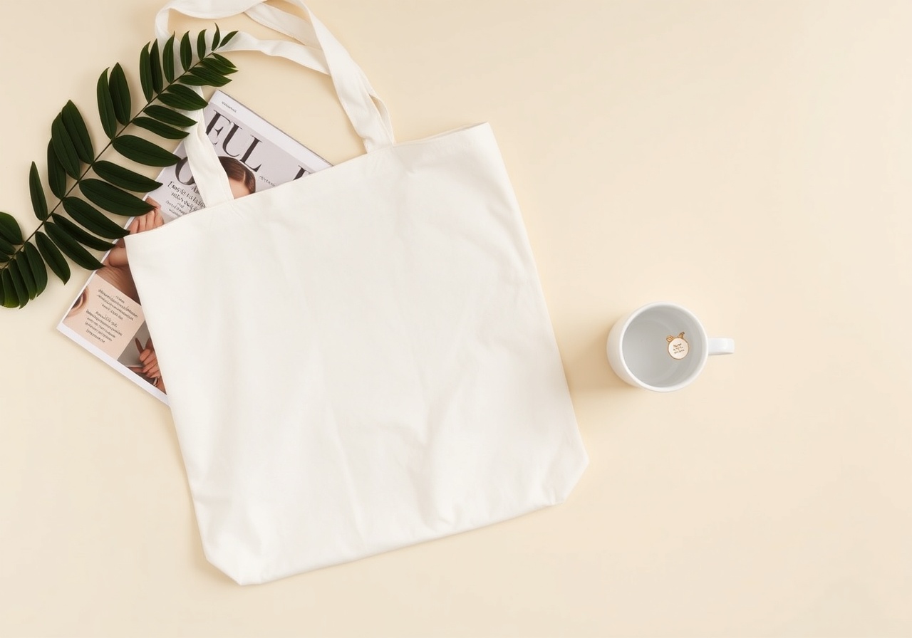 Flat lay of the current Nexamom issue, a tote bag, and an enamel mug on a linen table