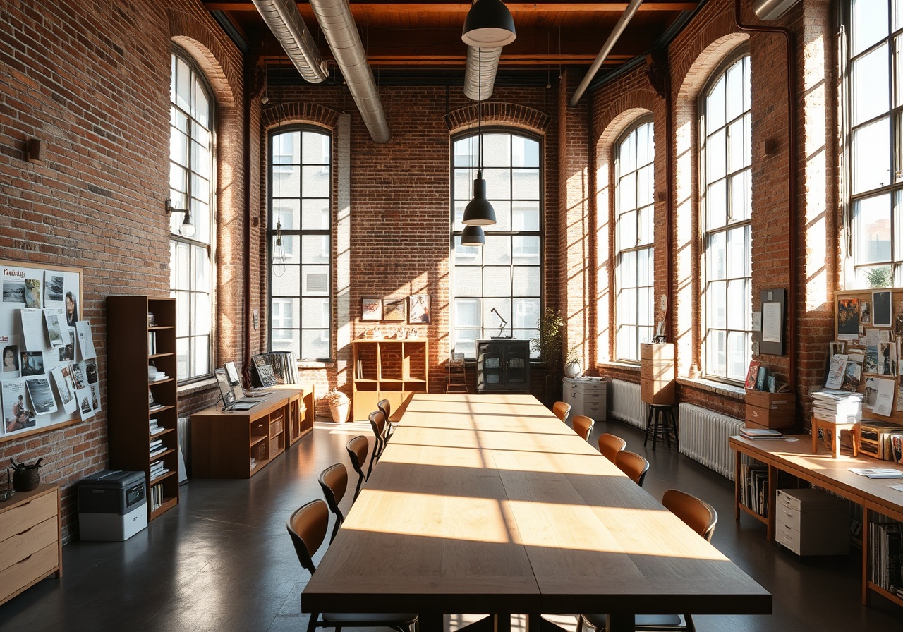 A vintage-style photograph of the original Nexamom office space in Brooklyn, featuring wooden desks and warm lighting